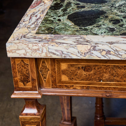 Pair of Italian 19th Century Burled Walnut and Pear-wood Consoles with Marble Tops