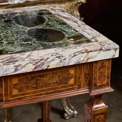 Pair of Italian 19th Century Burled Walnut and Pear-wood Consoles with Marble Tops
