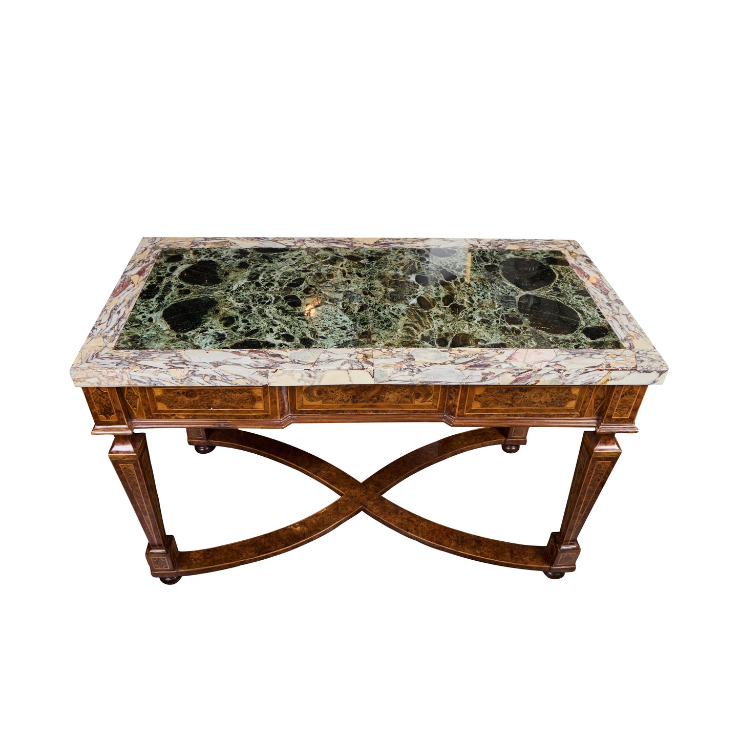 Pair of Italian 19th Century Burled Walnut and Pear-wood Consoles with Marble Tops