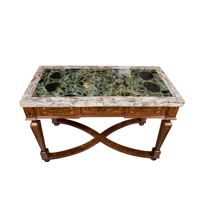 Pair of Italian 19th Century Burled Walnut and Pear-wood Consoles with Marble Tops