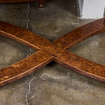 Pair of Italian 19th Century Burled Walnut and Pear-wood Consoles with Marble Tops
