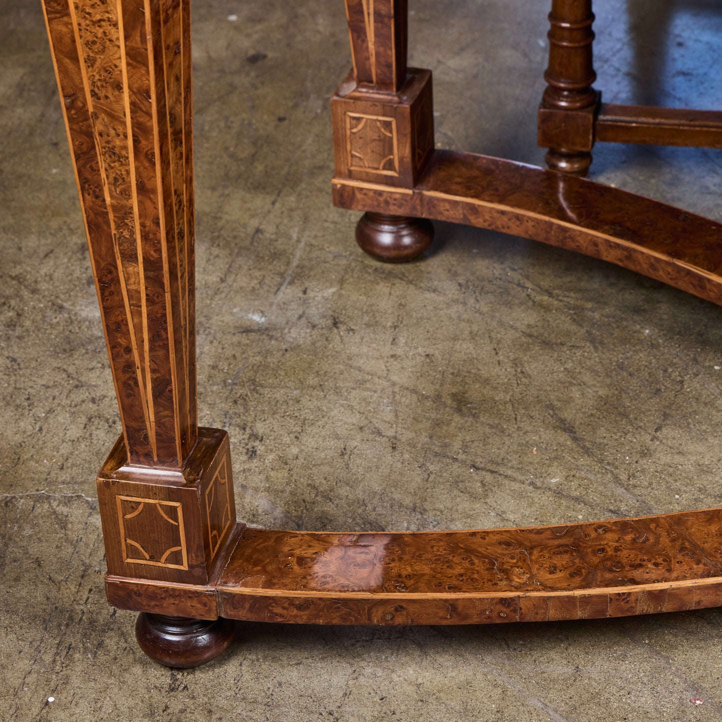Pair of Italian 19th Century Burled Walnut and Pear-wood Consoles with Marble Tops