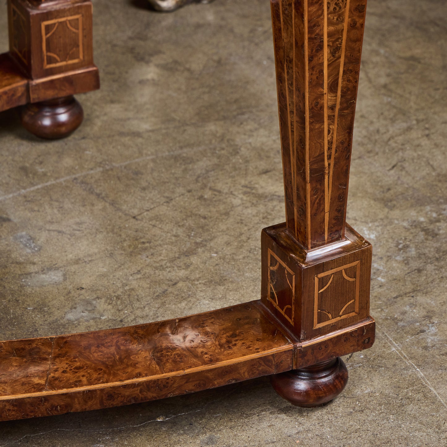 Pair of Italian 19th Century Burled Walnut and Pear-wood Consoles with Marble Tops