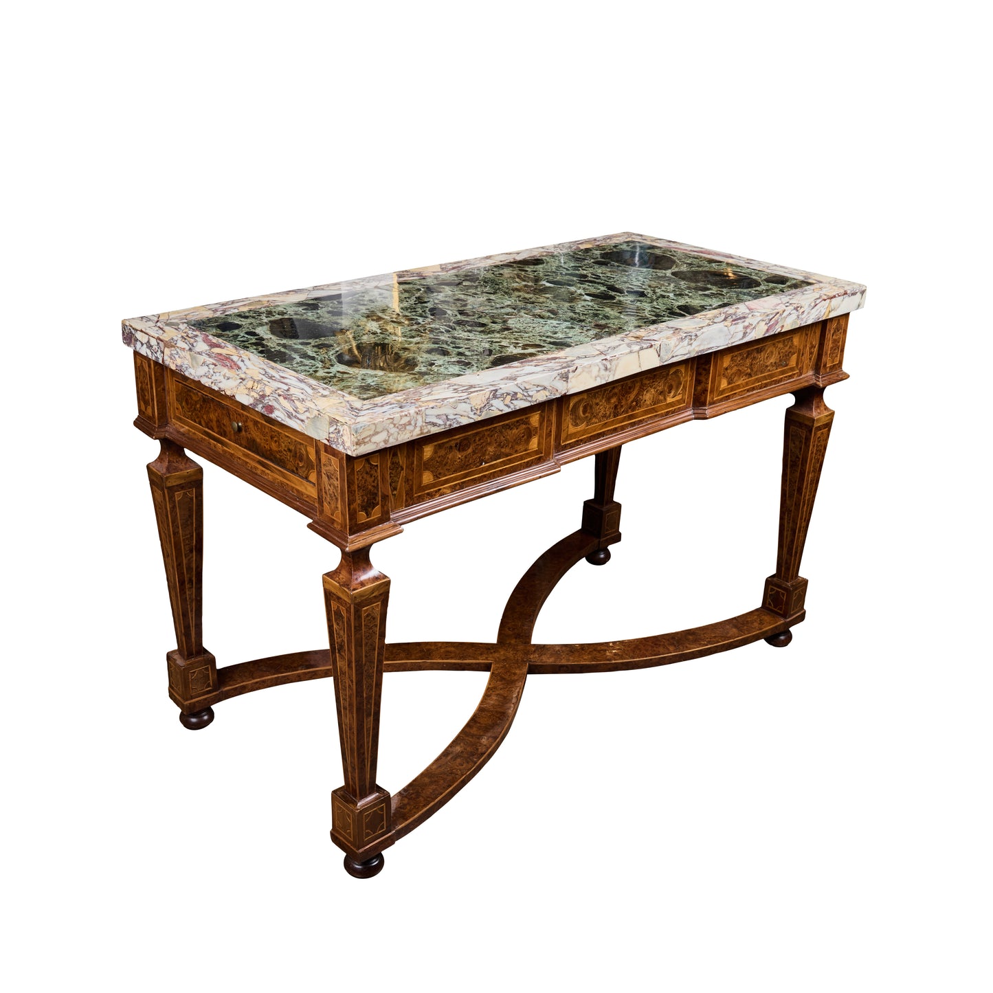 Pair of Italian 19th Century Burled Walnut and Pear-wood Consoles with Marble Tops