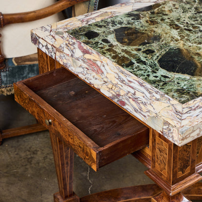 Pair of Italian 19th Century Burled Walnut and Pear-wood Consoles with Marble Tops