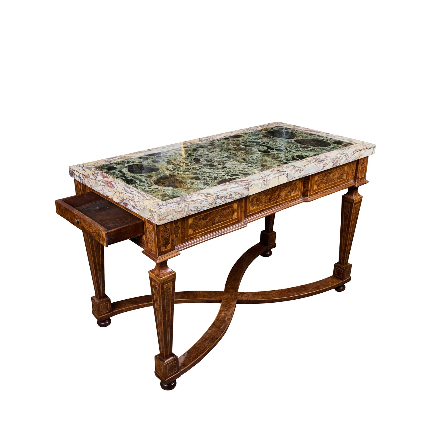 Pair of Italian 19th Century Burled Walnut and Pear-wood Consoles with Marble Tops