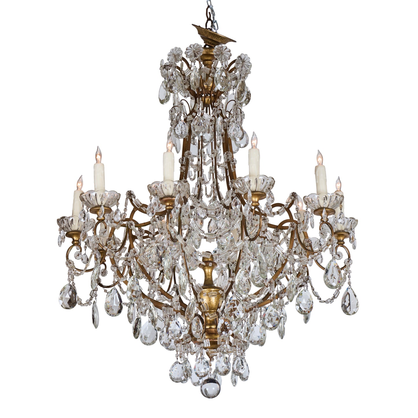 Matched Pair of Mid 20th Century Gilded and Crystal Chandeliers