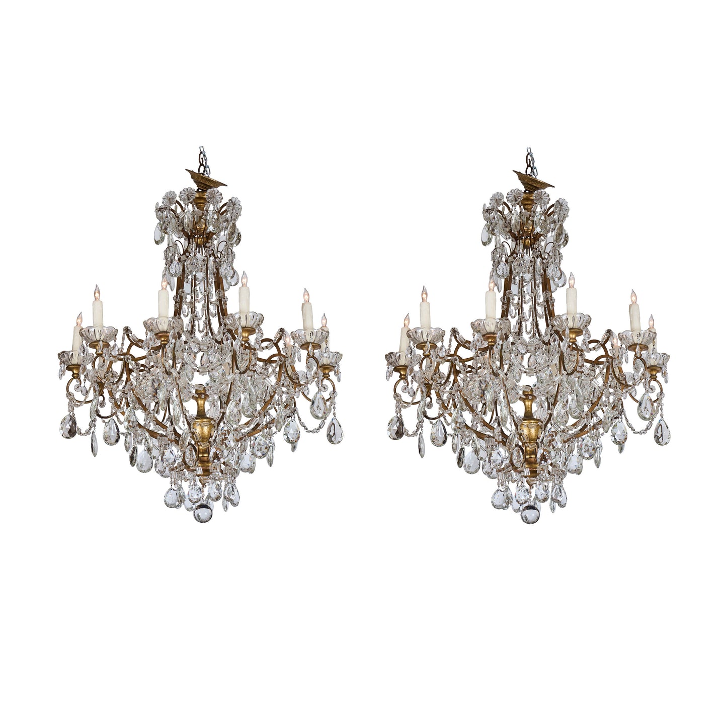 Matched Pair of Mid 20th Century Gilded and Crystal Chandeliers