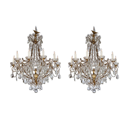Matched Pair of Mid 20th Century Gilded and Crystal Chandeliers