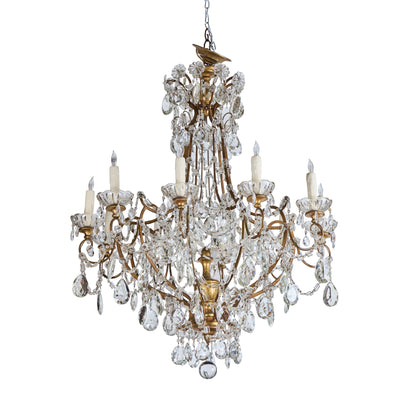 Matched Pair of Mid 20th Century Gilded and Crystal Chandeliers