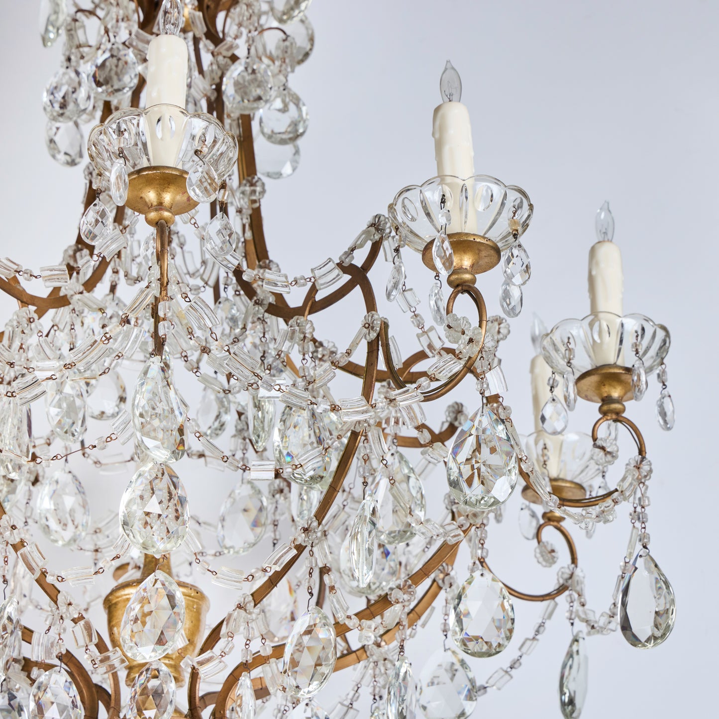 Matched Pair of Mid 20th Century Gilded and Crystal Chandeliers