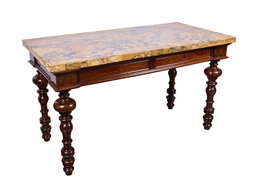 Hand-Carved Italian Renaissance Walnut Console Table with Siena Marble Top — Circa 1700s