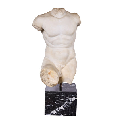 Late 17th Century Hand-Carved Italian Carrara Marble Male Torso — Later Marble Base