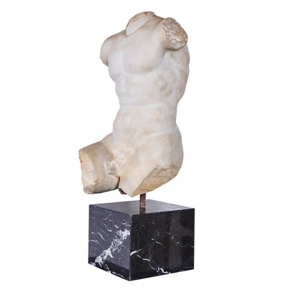 Late 17th Century Hand-Carved Italian Carrara Marble Male Torso — Later Marble Base
