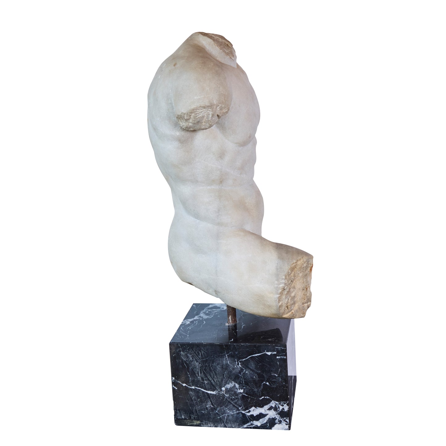 Late 17th Century Hand-Carved Italian Carrara Marble Male Torso — Later Marble Base