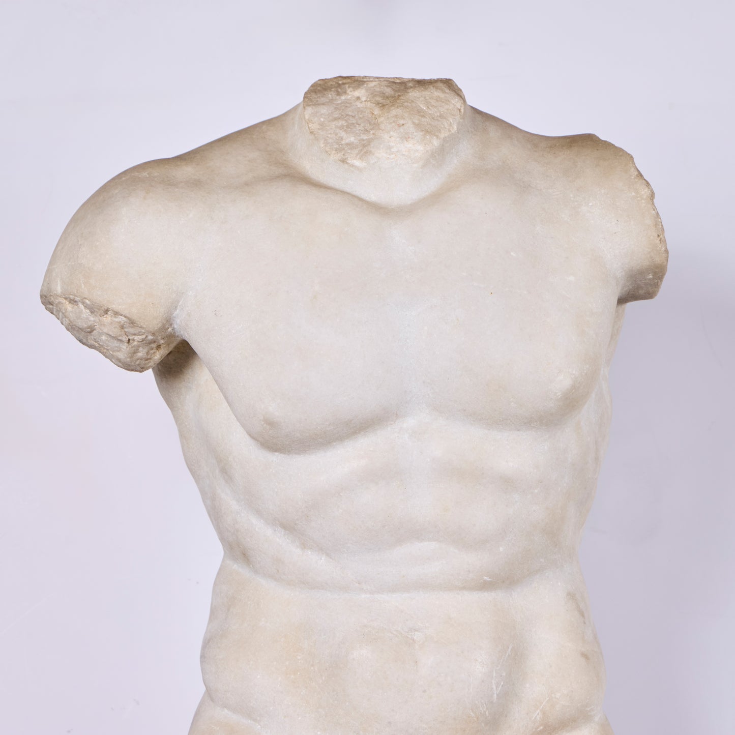 Late 17th Century Hand-Carved Italian Carrara Marble Male Torso — Later Marble Base