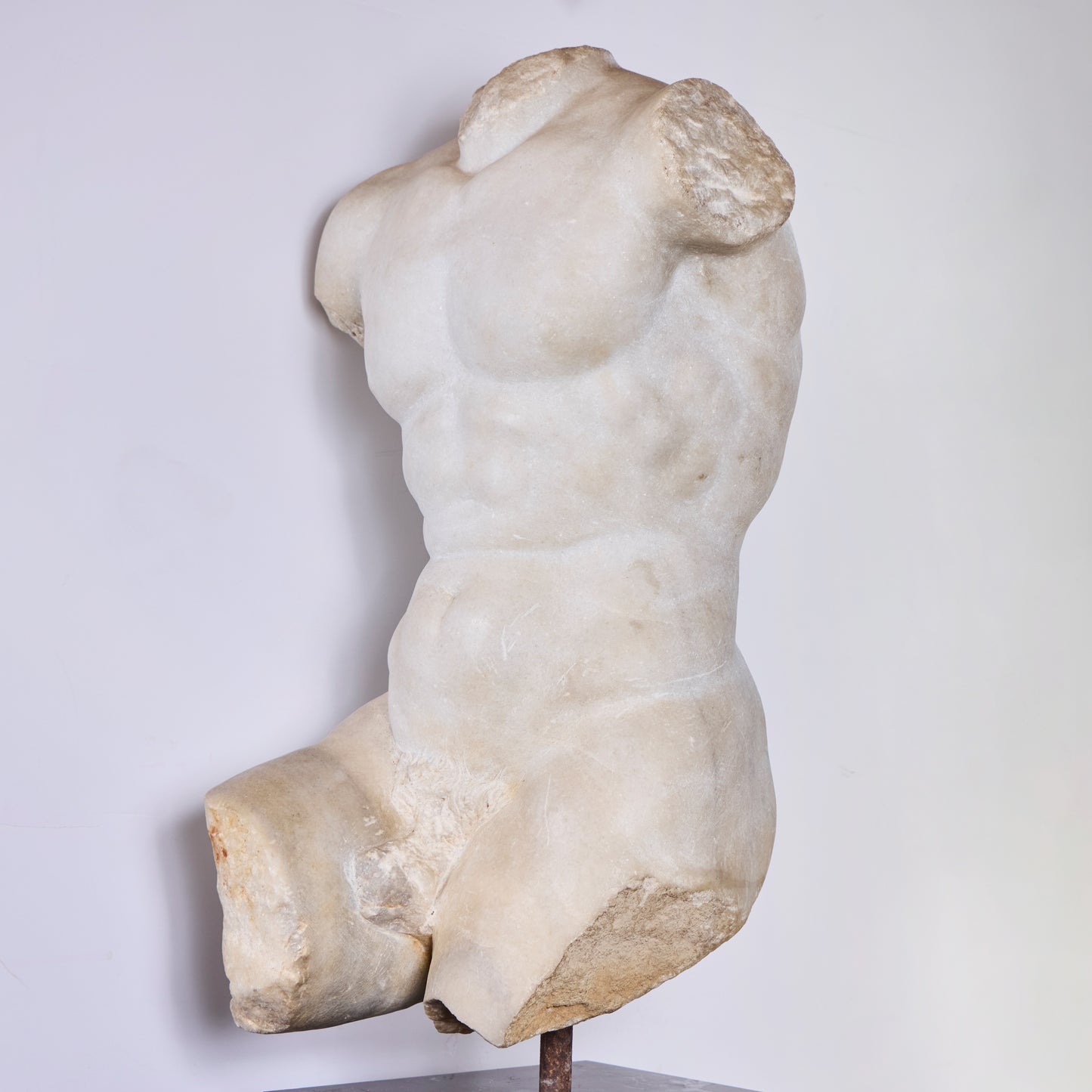 Late 17th Century Hand-Carved Italian Carrara Marble Male Torso — Later Marble Base