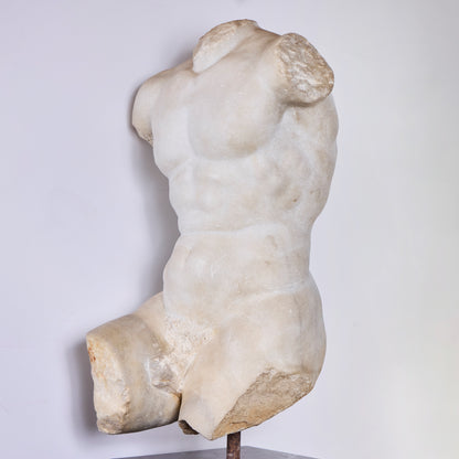 Late 17th Century Hand-Carved Italian Carrara Marble Male Torso — Later Marble Base