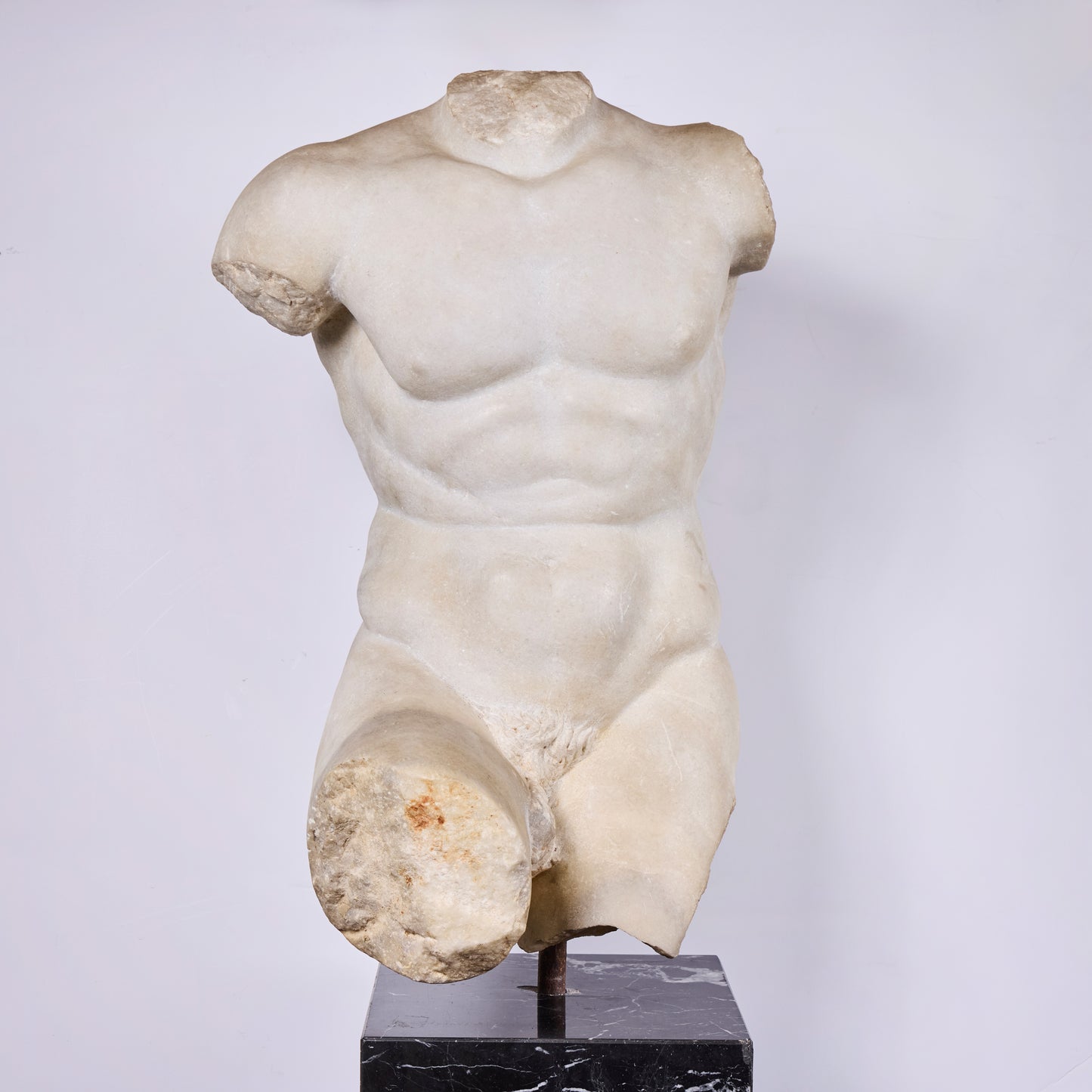 Late 17th Century Hand-Carved Italian Carrara Marble Male Torso — Later Marble Base