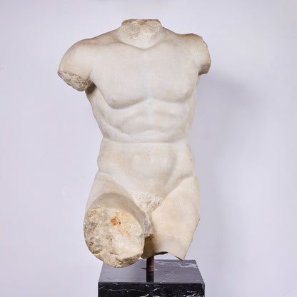 Late 17th Century Hand-Carved Italian Carrara Marble Male Torso — Later Marble Base