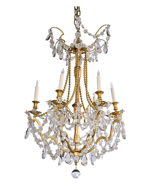 One of a Near Pair-Italian Gilded Bronze, Gilt-wood and Crystal Chandelier -19th century