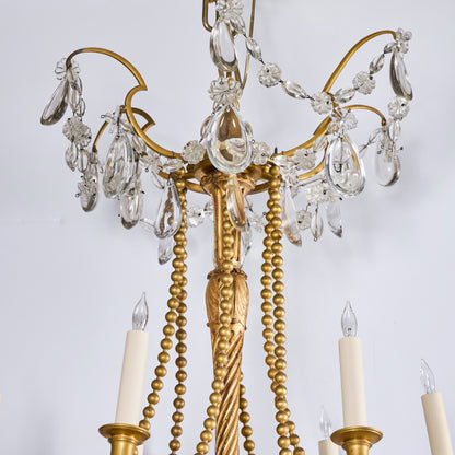 One of a Near Pair-Italian Gilded Bronze, Gilt-wood and Crystal Chandelier -19th century