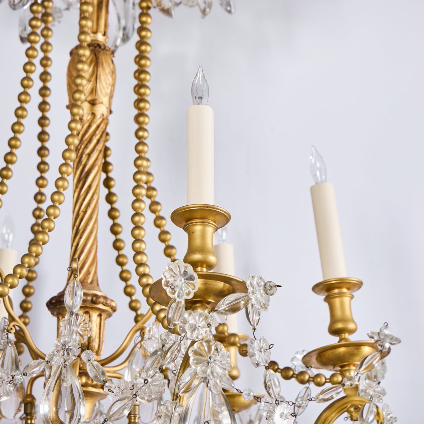 One of a Near Pair-Italian Gilded Bronze, Gilt-wood and Crystal Chandelier -19th century