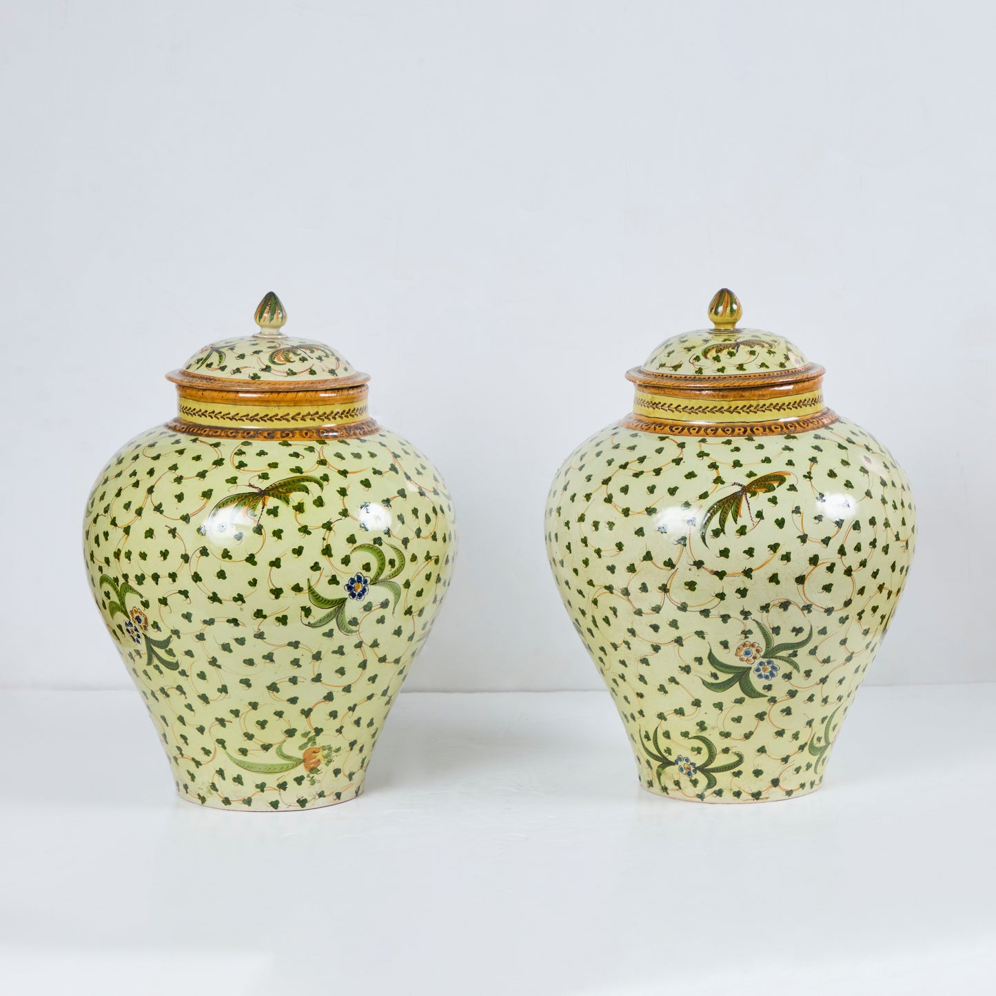 Pair Majolica Pottery Covered jars