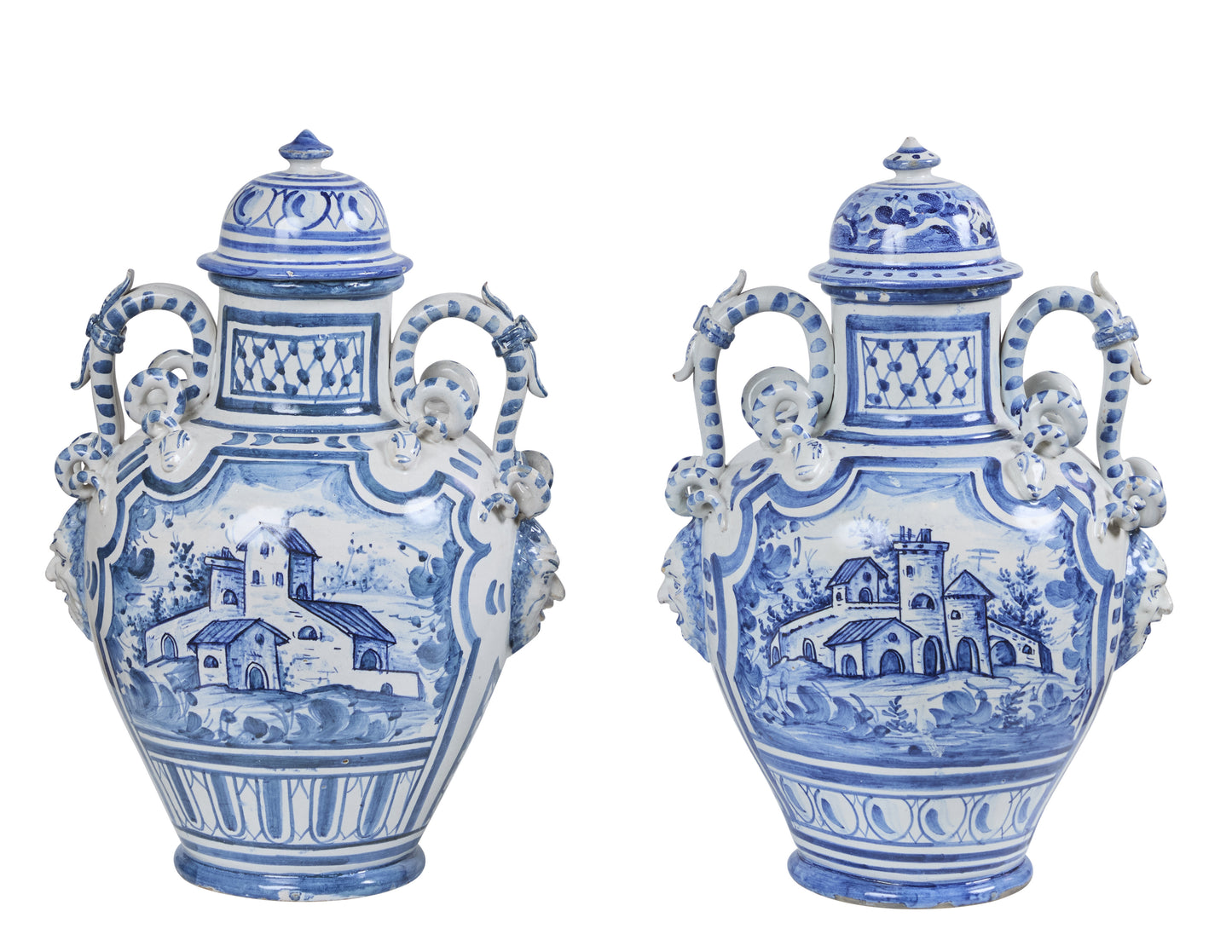 Pair of Faience Pottery Covered Jars