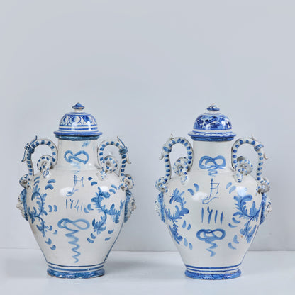 Pair of Faience Pottery Covered Jars