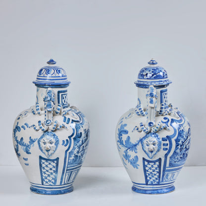 Pair of Faience Pottery Covered Jars