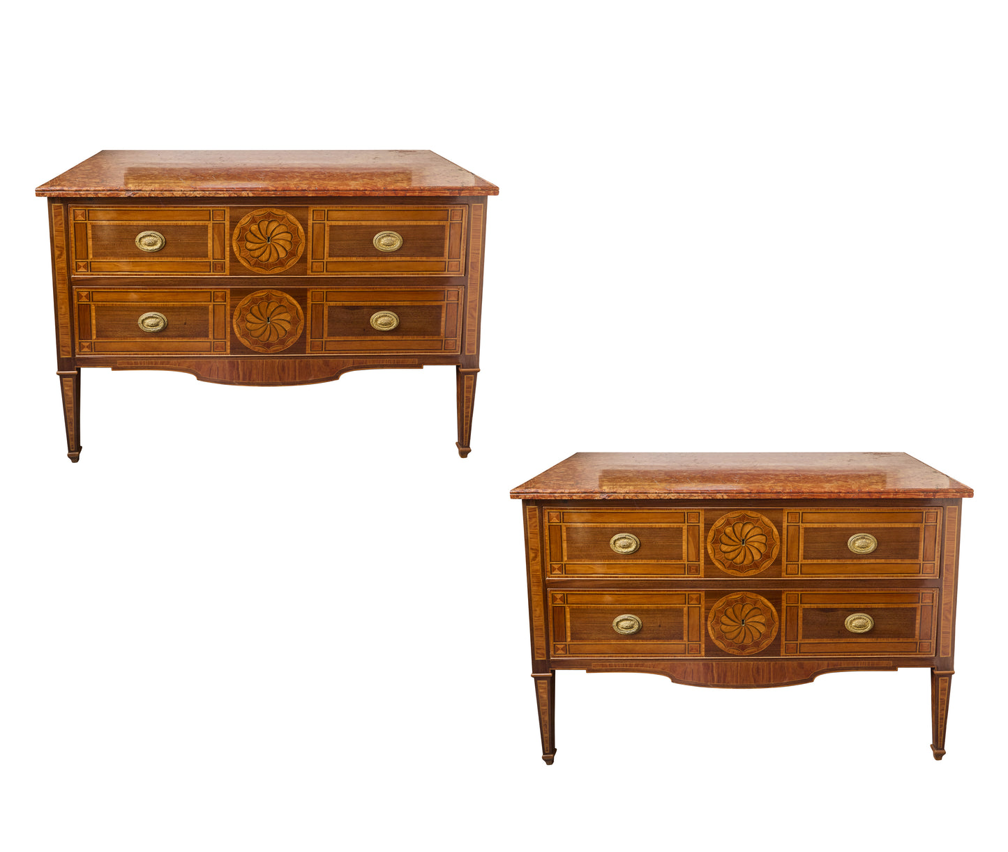 Pair Italian Marquetry Marble Top Commodes