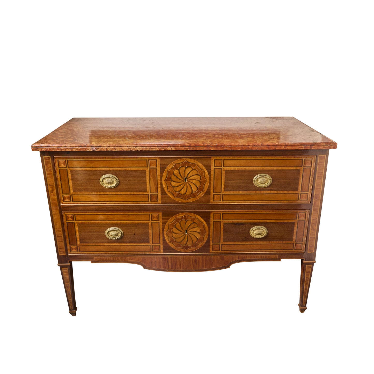 Pair Italian Marquetry Marble Top Commodes