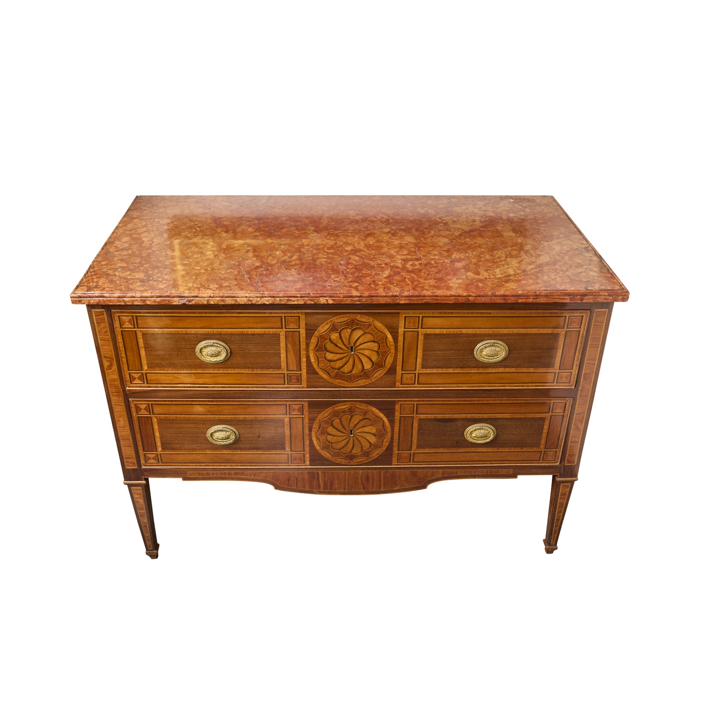 Pair Italian Marquetry Marble Top Commodes