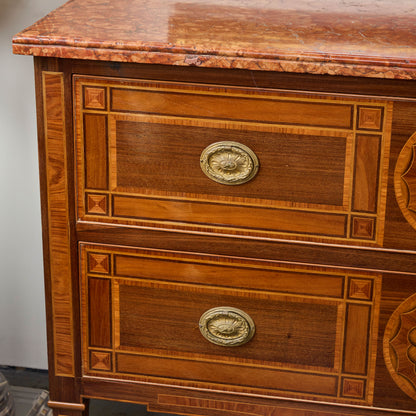 Pair Italian Marquetry Marble Top Commodes