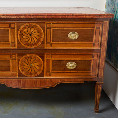 Pair Italian Marquetry Marble Top Commodes