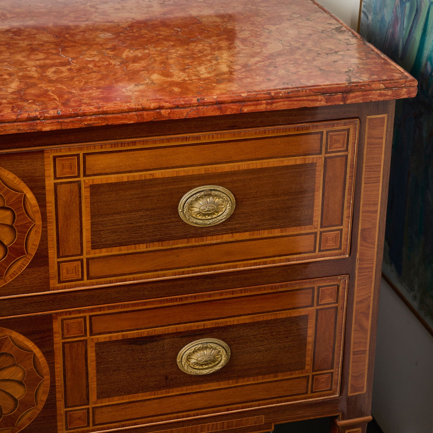 Pair Italian Marquetry Marble Top Commodes