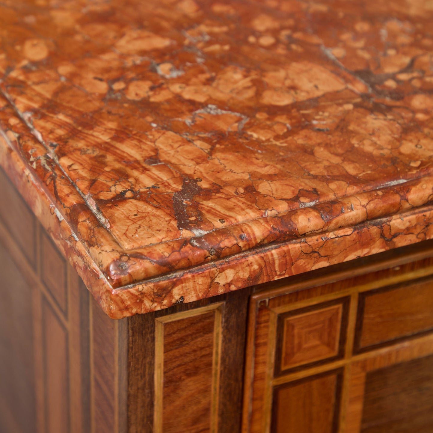 Pair Italian Marquetry Marble Top Commodes