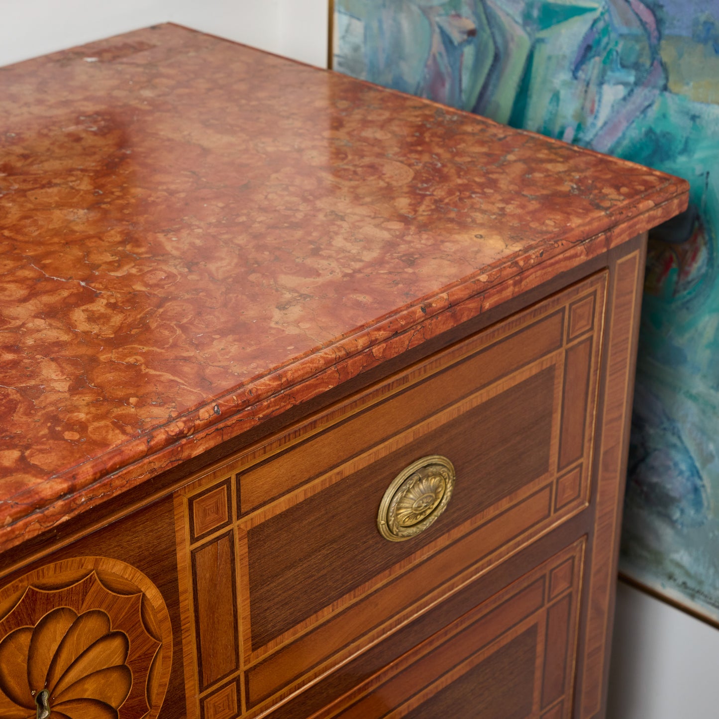 Pair Italian Marquetry Marble Top Commodes