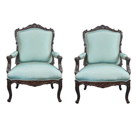 Pair Renaissance Style Walnut Armchairs