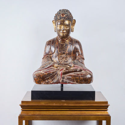 Painted and Parcel Gilt Seated Buddha with Presentation Stand