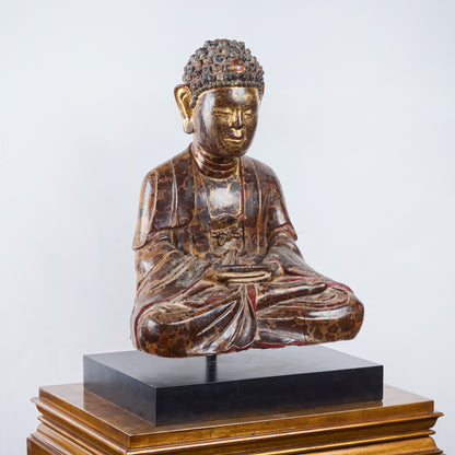 Painted and Parcel Gilt Seated Buddha with Presentation Stand