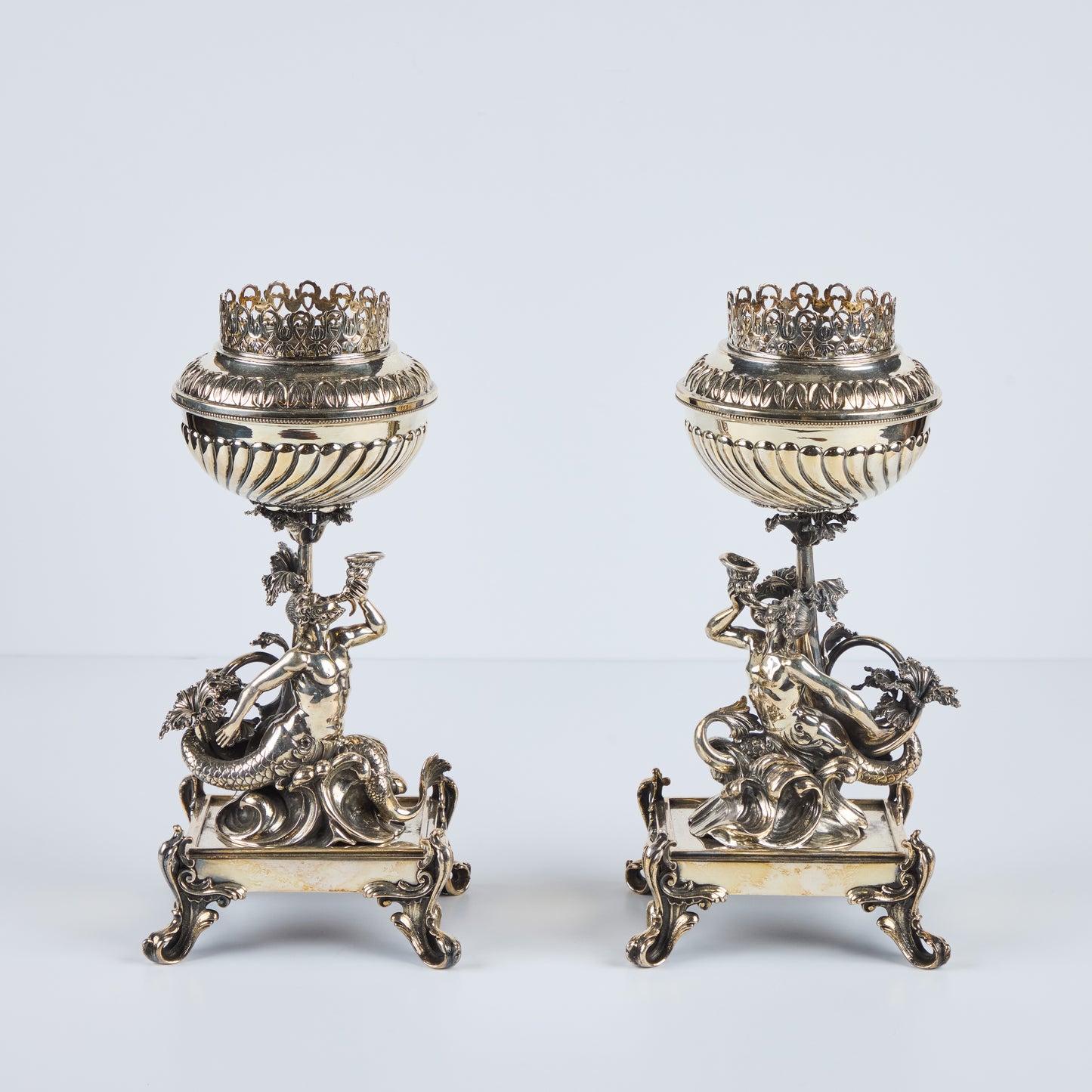 Pair Renaissance Revival Silver-Plated Candle Holders