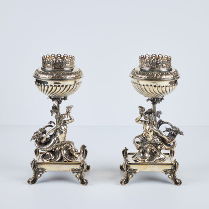 Pair Renaissance Revival Silver-Plated Candle Holders