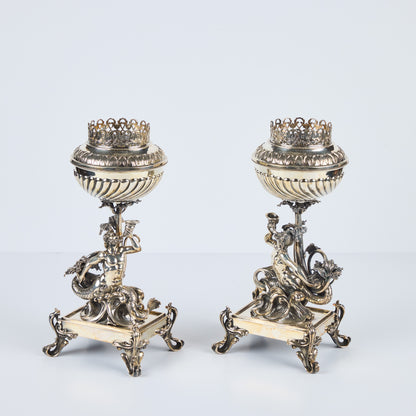 Pair Renaissance Revival Silver-Plated Candle Holders