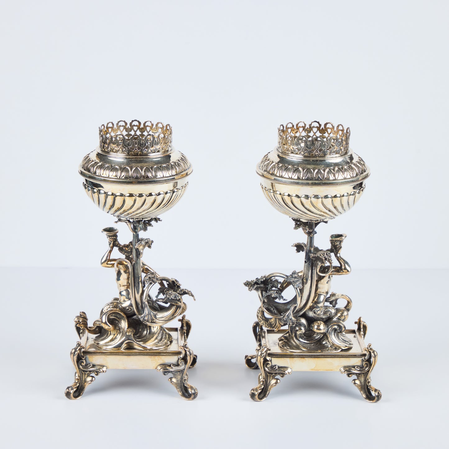 Pair Renaissance Revival Silver-Plated Candle Holders