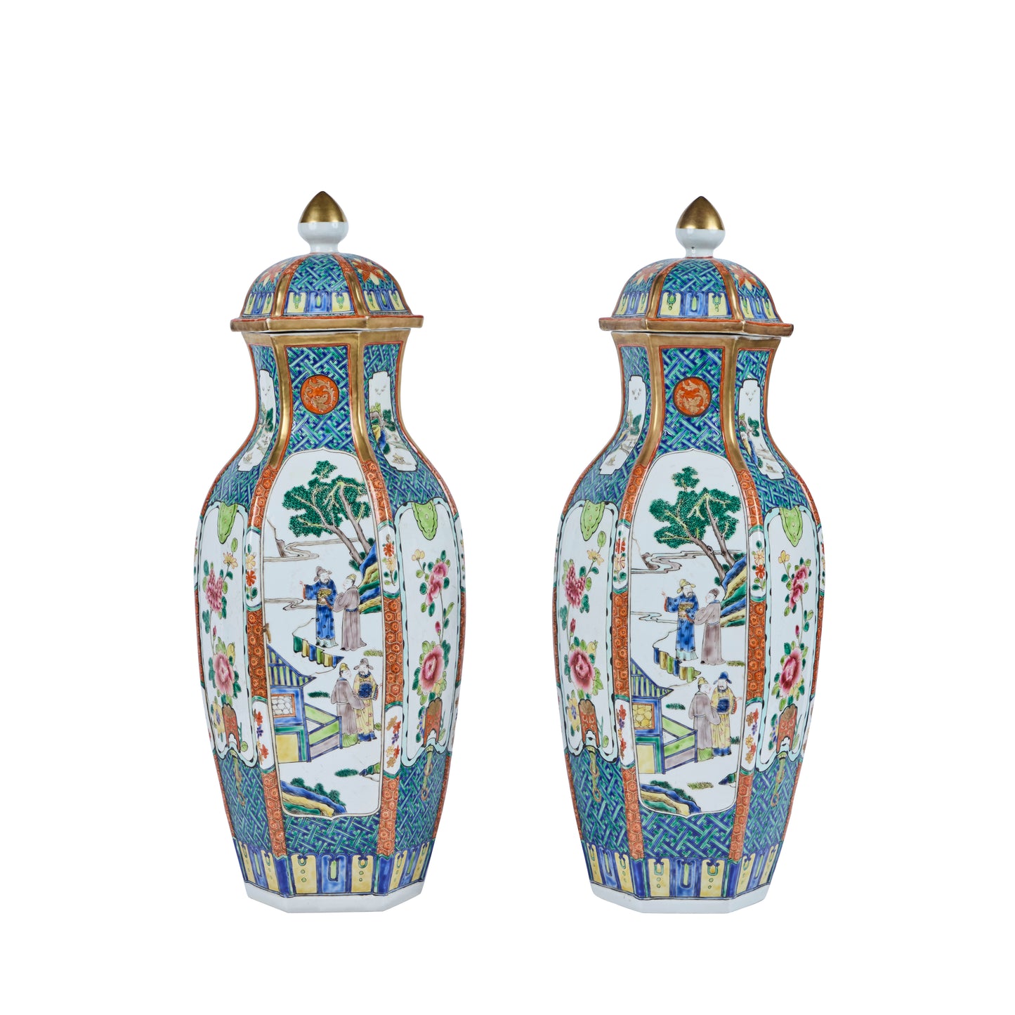 Pair Six Sided Covered Porcelain Vases