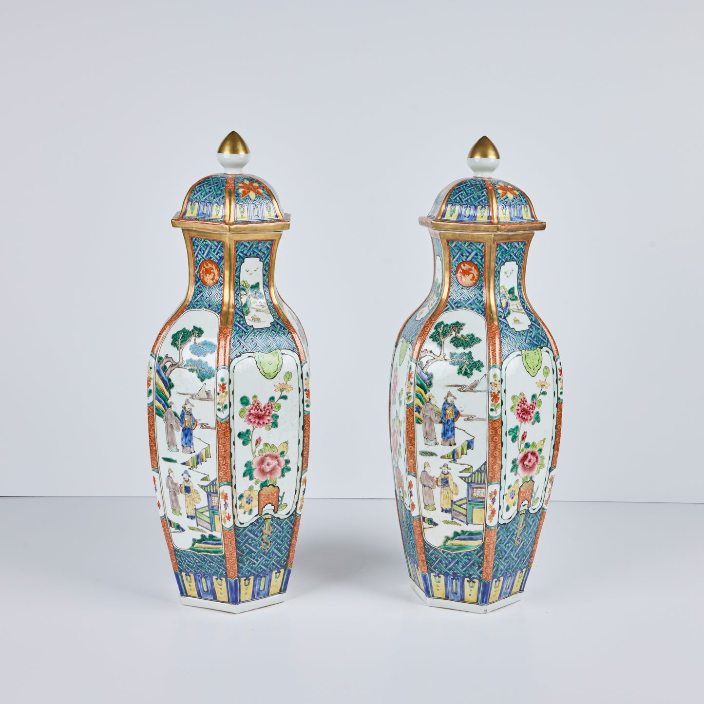 Pair Six Sided Covered Porcelain Vases