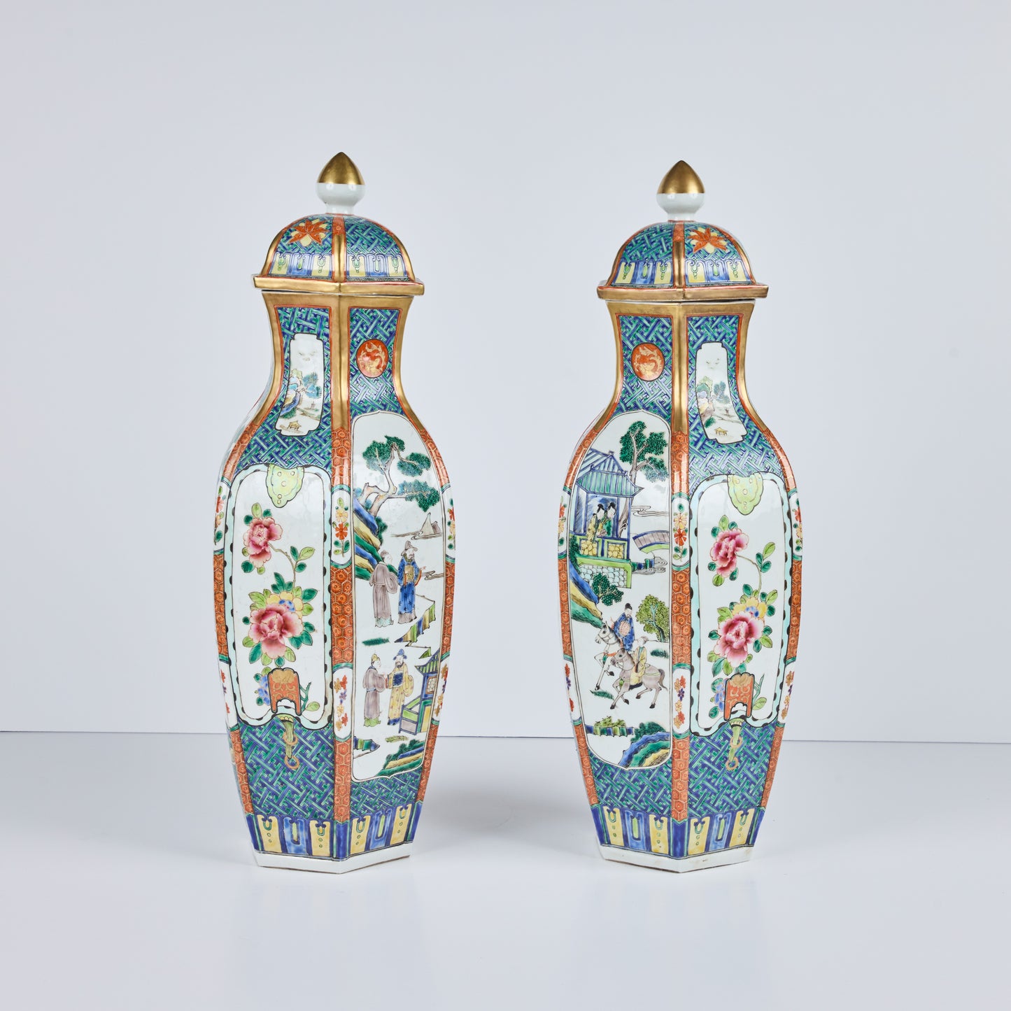 Pair Six Sided Covered Porcelain Vases