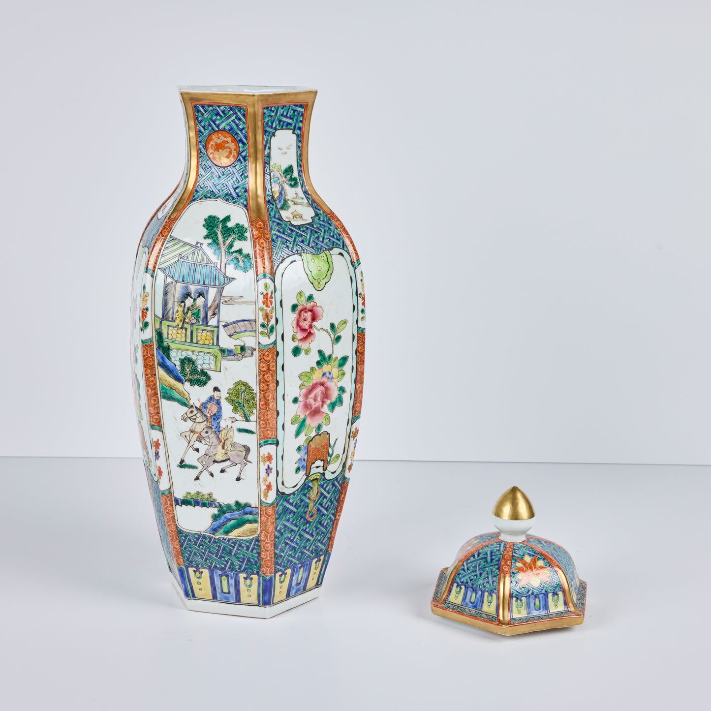 Pair Six Sided Covered Porcelain Vases